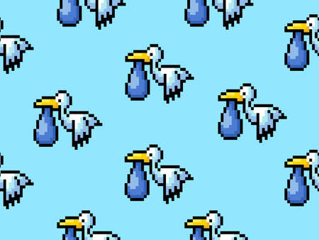 Bird cartoon character seamless pattern on blue background.Pixel style