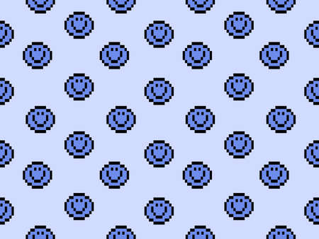 Smile cartoon character seamless pattern on blue background.Pixel style