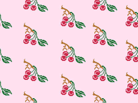 Cherry cartoon character seamless pattern on pink background.Pixel style