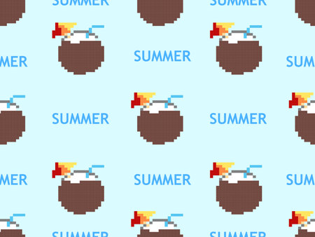 Coconut cartoon character seamless pattern on blue background.Pixel style