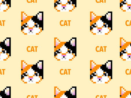 Cat cartoon character seamless pattern on orange background.Pixel styleのイラスト素材