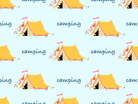 camping cartoon character seamless pattern on blue background.Pixel styleのイラスト素材