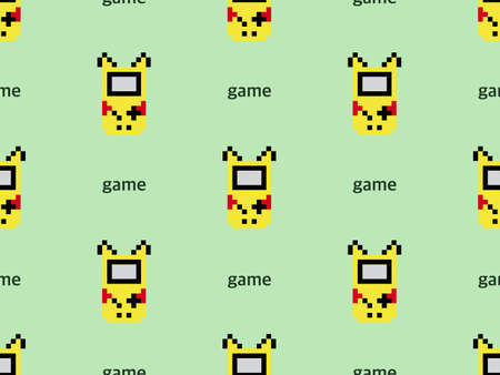 Pocket game cartoon character seamless pattern on green background.Pixel style