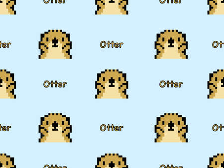 Otter cartoon character seamless pattern on blue background.Pixel style
