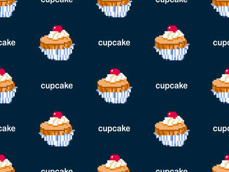 Cupcake cartoon character seamless pattern on blue background.Pixel styleのイラスト素材