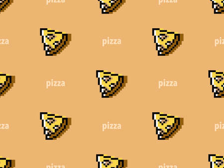 Pizza cartoon character seamless pattern on orange background.Pixel styleのイラスト素材