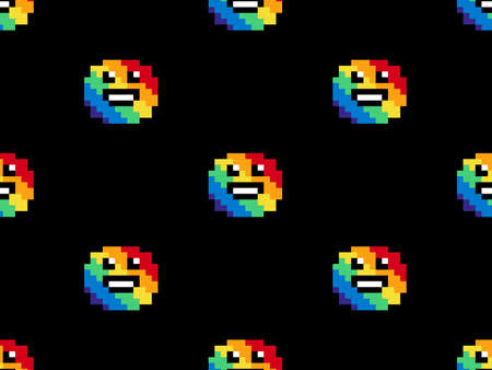 Smile face cartoon character seamless pattern on black background.Pixel style