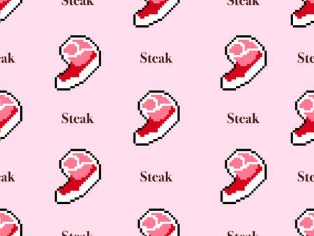 Steak cartoon character seamless pattern on pink background.Pixel style