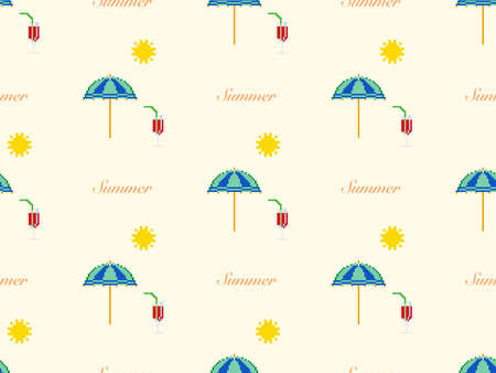 Summer cartoon character seamless pattern on yellow background. Pixel styleのイラスト素材