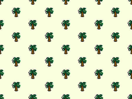 Tree cartoon character seamless pattern on yellow background. Pixel style.