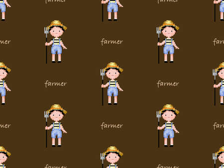 Farmer cartoon character seamless pattern on brown background. Pixel styleのイラスト素材