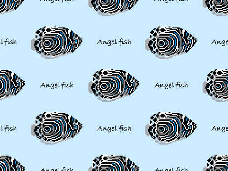 Angel fish cartoon character seamless pattern on blue background. Pixel style