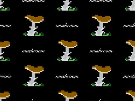 Mushroom cartoon character seamless pattern on black background. Pixel styleのイラスト素材