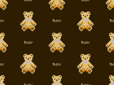 Bear cartoon character seamless pattern on brown background. Pixel style