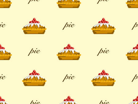 Pie cartoon character seamless pattern on yellow background. Pixel styleのイラスト素材