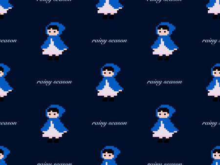 Girl cartoon character seamless pattern on blue background. Pixel styleのイラスト素材