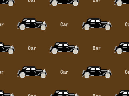 Car cartoon character seamless pattern on brown background. Pixel styleのイラスト素材