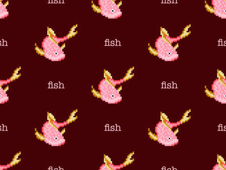 Fish cartoon character seamless pattern on red background. Pixel styleのイラスト素材