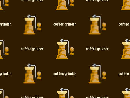 Coffee grinder cartoon character seamless pattern on brown background. Pixel styleのイラスト素材