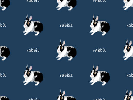 Rabbit cartoon character seamless pattern on blue background. Pixel styleのイラスト素材