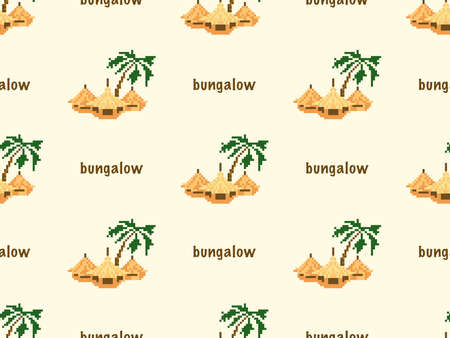 Bungalow cartoon character seamless pattern on yellow background. Pixel styleのイラスト素材