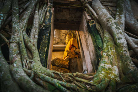 Samut Songkhram-Thailand - 25 October 2021: The Buddha statue is enshrined in a building covered by tree roots Bang Kung Campの写真素材