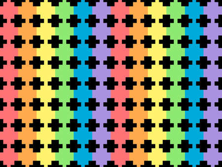 Geometric rainbow cartoon character seamless pattern on black background. Pixel style