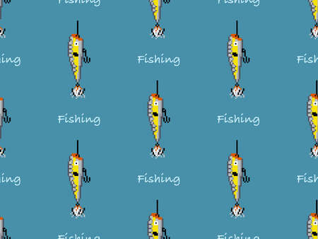 Fishing cartoon character seamless pattern on blue background. Pixel styleのイラスト素材