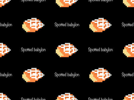 Shell cartoon character seamless pattern on black background. Pixel style