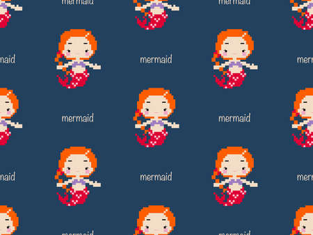 Mermaid cartoon character seamless pattern on blue background. Pixel styleのイラスト素材