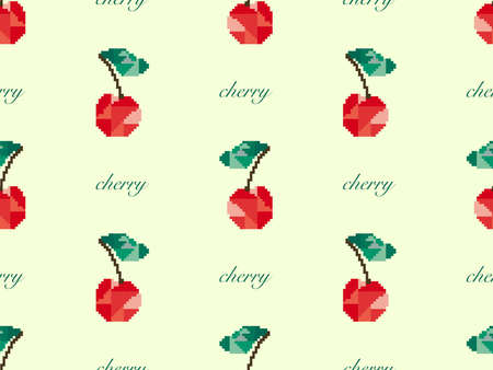 Cherry cartoon character seamless pattern on green background. Pixel style