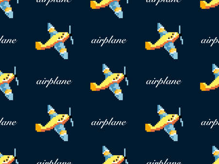 Airplane cartoon character seamless pattern on blue background. Pixel styleのイラスト素材