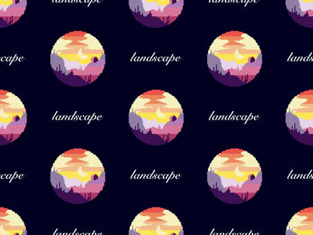 Sunset cartoon character seamless pattern on blue background. Pixel style