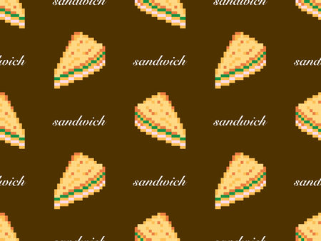 Sandwich cartoon character seamless pattern on brown background. Pixel styleのイラスト素材