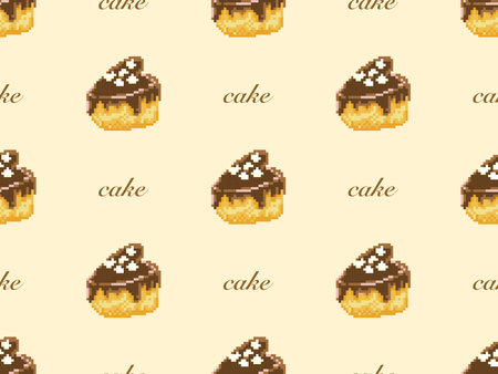 Cake cartoon character seamless pattern on yellow background. Pixel styleの写真素材