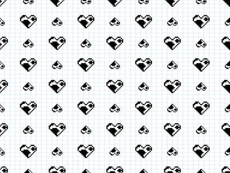 Heart cartoon character seamless pattern on white background. Pixel styleのイラスト素材
