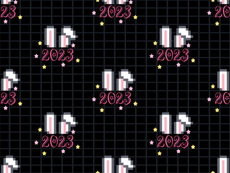 New years 2023 seamless pattern on black background.  Pixel styleのイラスト素材