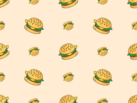 Hamburger cartoon character seamless pattern on yellow backgroundの写真素材