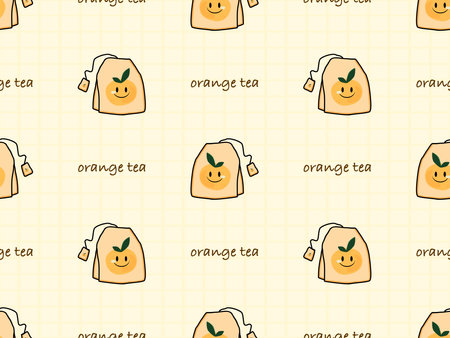 Orange tea cartoon character seamless pattern on yellow backgroundの写真素材