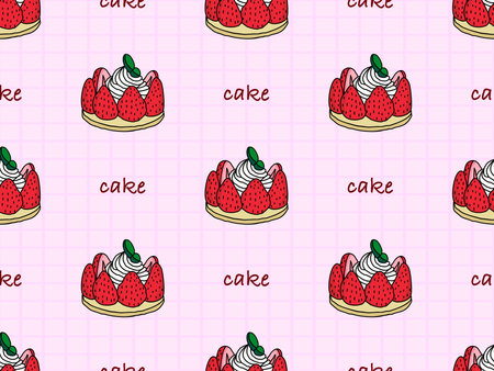 Strawberry cake cartoon character seamless pattern on pink backgroundのイラスト素材