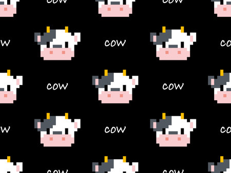 Cow cartoon character seamless pattern on black backgroundの写真素材