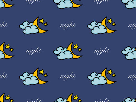 Night cartoon character seamless pattern on blue backgroundの写真素材