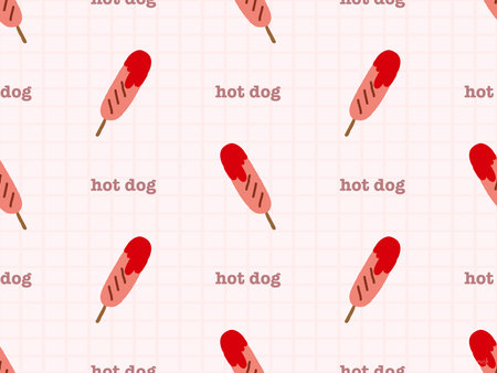 Hot Dog cartoon character seamless pattern on red backgroundのイラスト素材