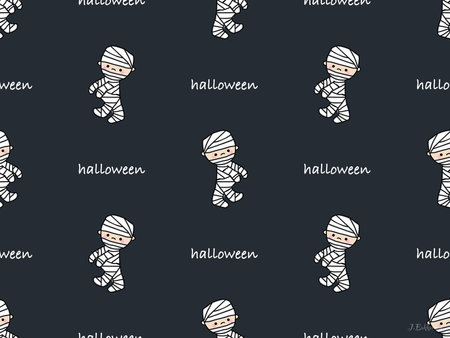 Halloween cartoon character seamless pattern on black backgroundのイラスト素材