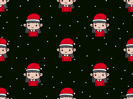 Girl Christmas cartoon character seamless pattern on black backgroundのイラスト素材
