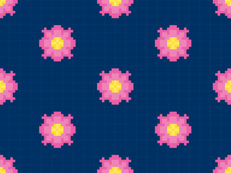 Pink flower cartoon character seamless pattern on blue backgroundのイラスト素材