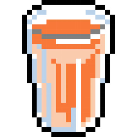 A cartoon icon of orange juice inside a glass in pixel style.のイラスト素材