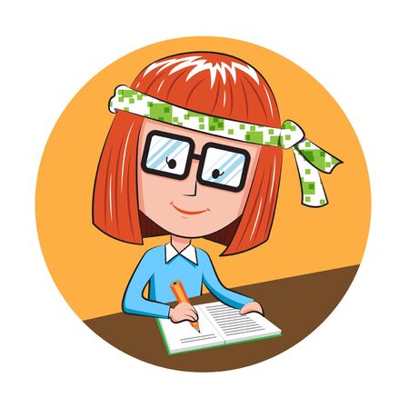 Cute student girl writing  sitting on deskのイラスト素材