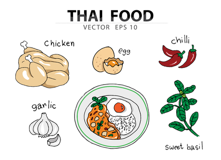 chicken chili basil with rice and fried eggのイラスト素材