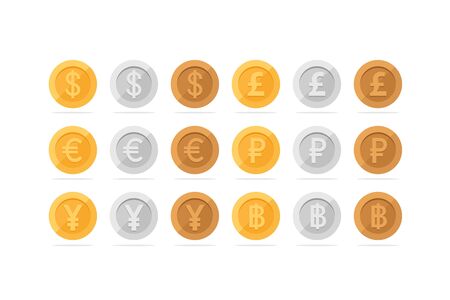 Set of icons coins on the isolated white background,euro, pound sterling,Bank notes dollar,rubleのイラスト素材